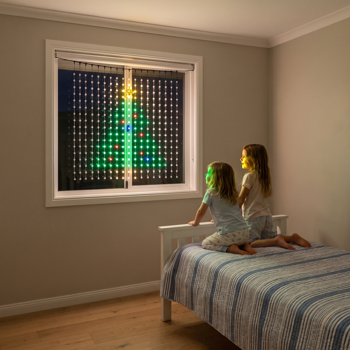 Twinkle 1m smart LED curtain light showing a Christmas tree in a kids bedroom window