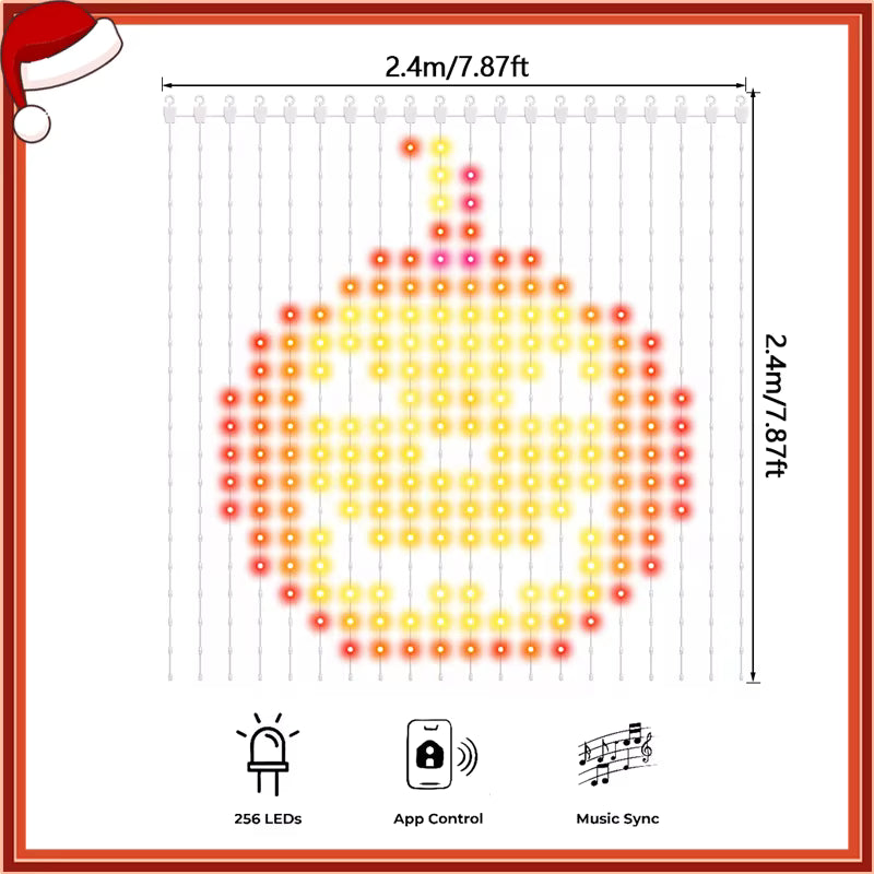 Twinkle 2.4m 256-LED smart curtain light displaying a jack-o-lantern pattern
