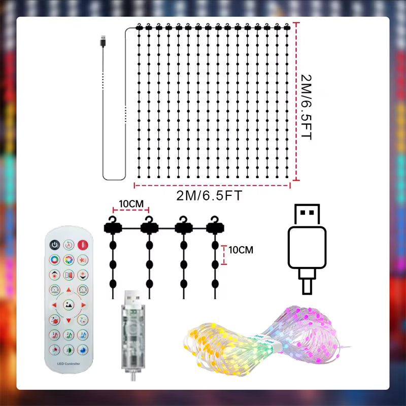 Twinkle 2m x 2m (6.6 x 6.6ft) smart LED curtain light size diagram