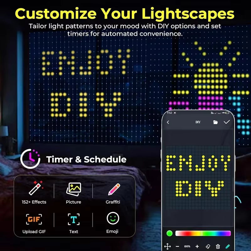 Twinkle smart LED curtain lights app with DIY text, pictures, GIF upload and timer schedule