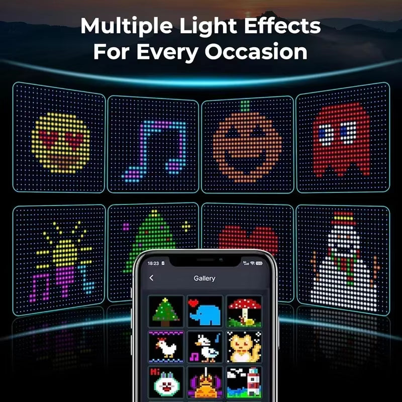 Twinkle smart LED curtain light effects including emojis, music notes and a Christmas tree