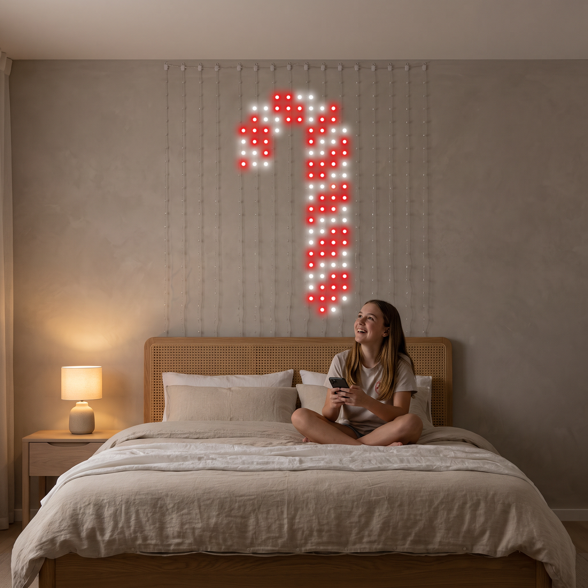 Twinkle upgraded 1.6m smart LED curtain light showing a candy cane above a bed