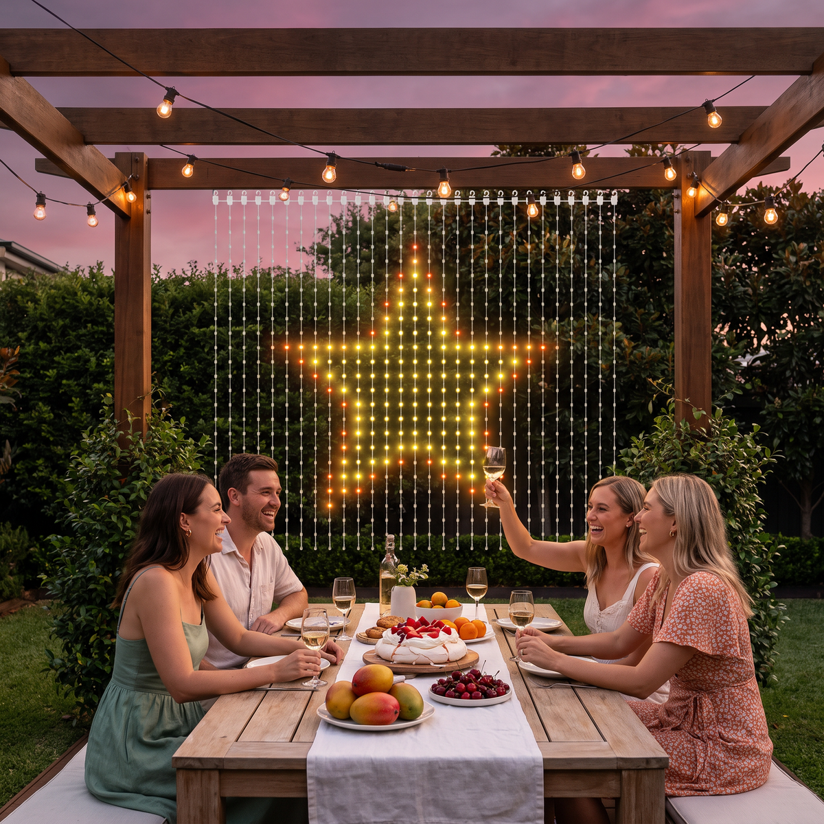 Twinkle upgraded 2.4m smart LED curtain light showing a star behind a Christmas party table