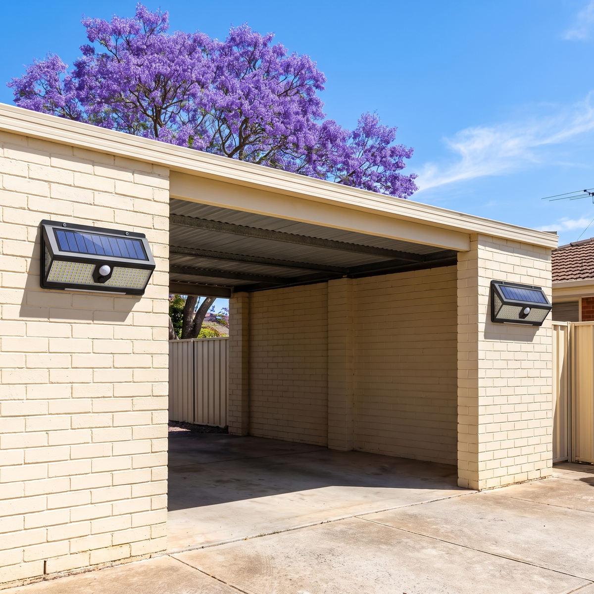 Two Vela solar outdoor wall lights on a brick carport wall in daytime