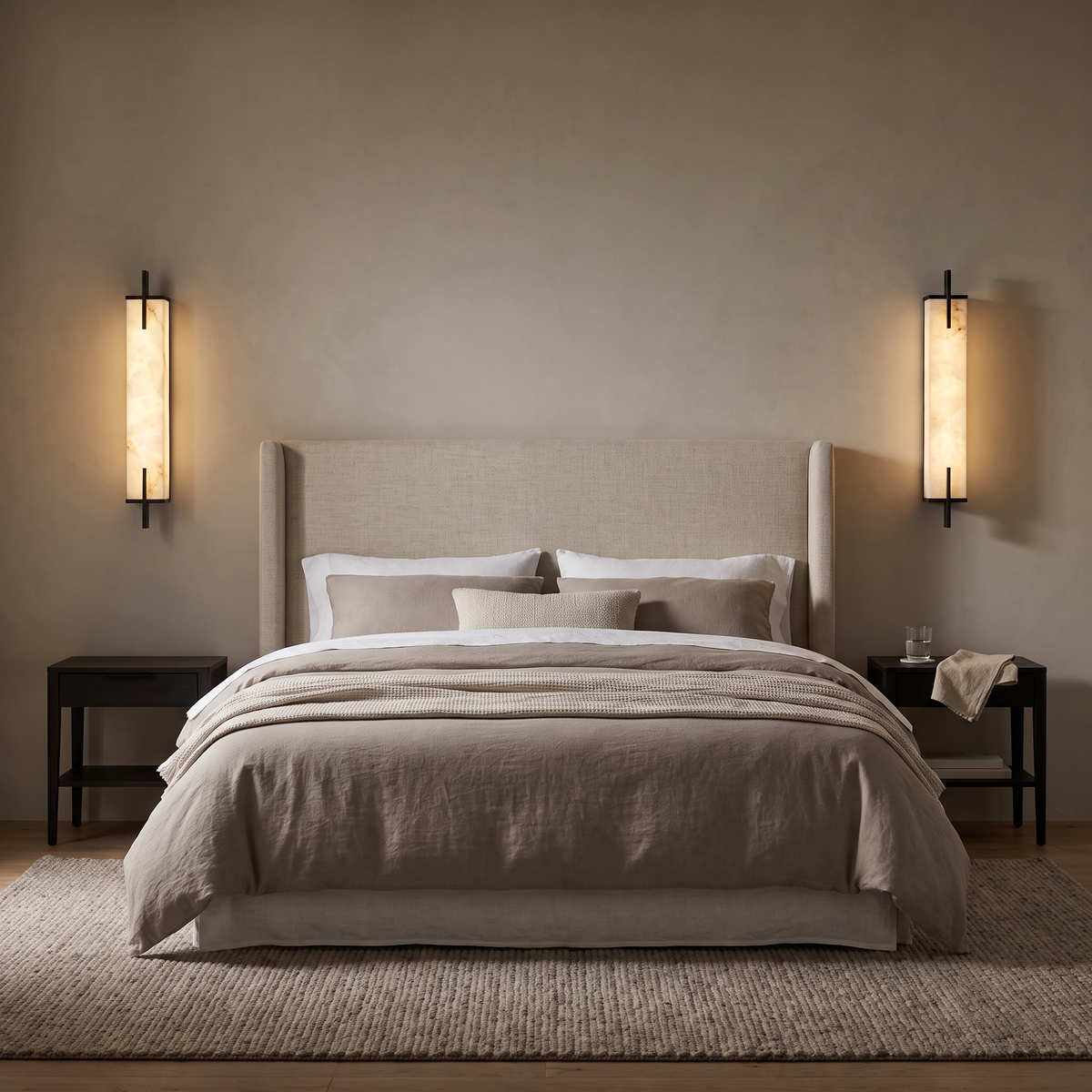 Tyla black and alabaster linear LED wall lights either side of an upholstered bed