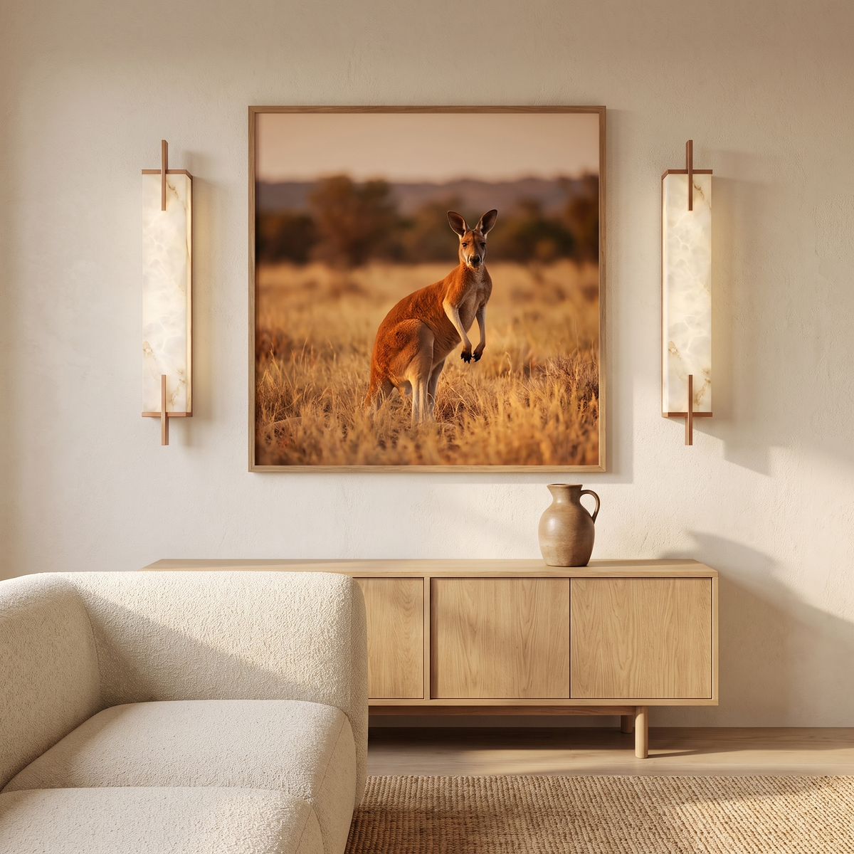 Pair of Tyla copper and alabaster wall lights above an oak sideboard in a living room