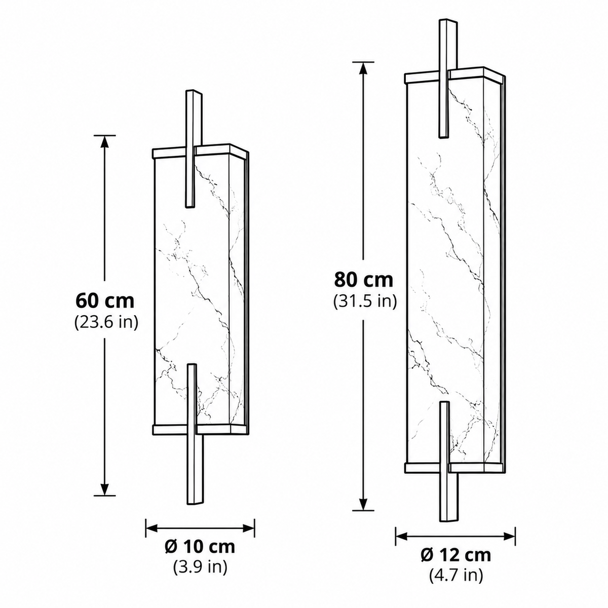 Tyla alabaster wall sconce sizes, 60cm tall by 10cm wide and 80cm tall by 12cm wide