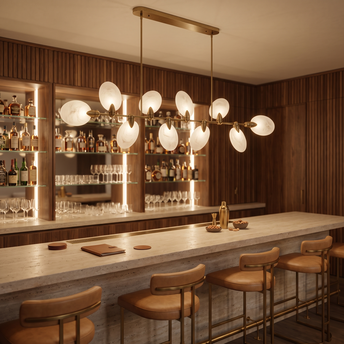 Vale modern chandelier hanging over a travertine bar in a boutique hotel cocktail bar