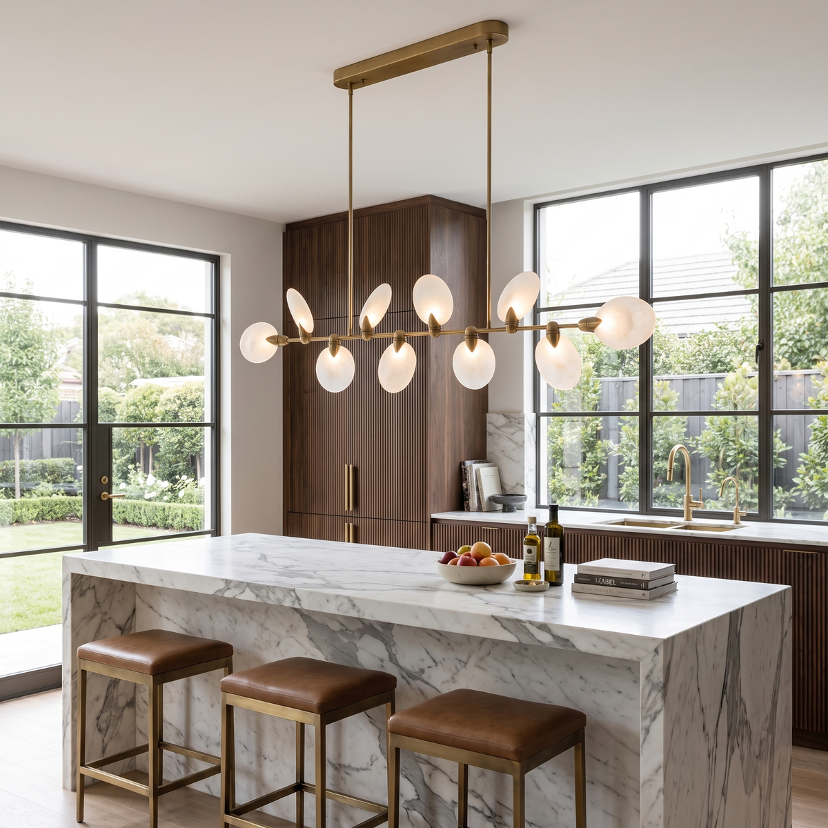 Vale modern chandelier hung lengthways over a Calacatta marble kitchen island in a luxury home