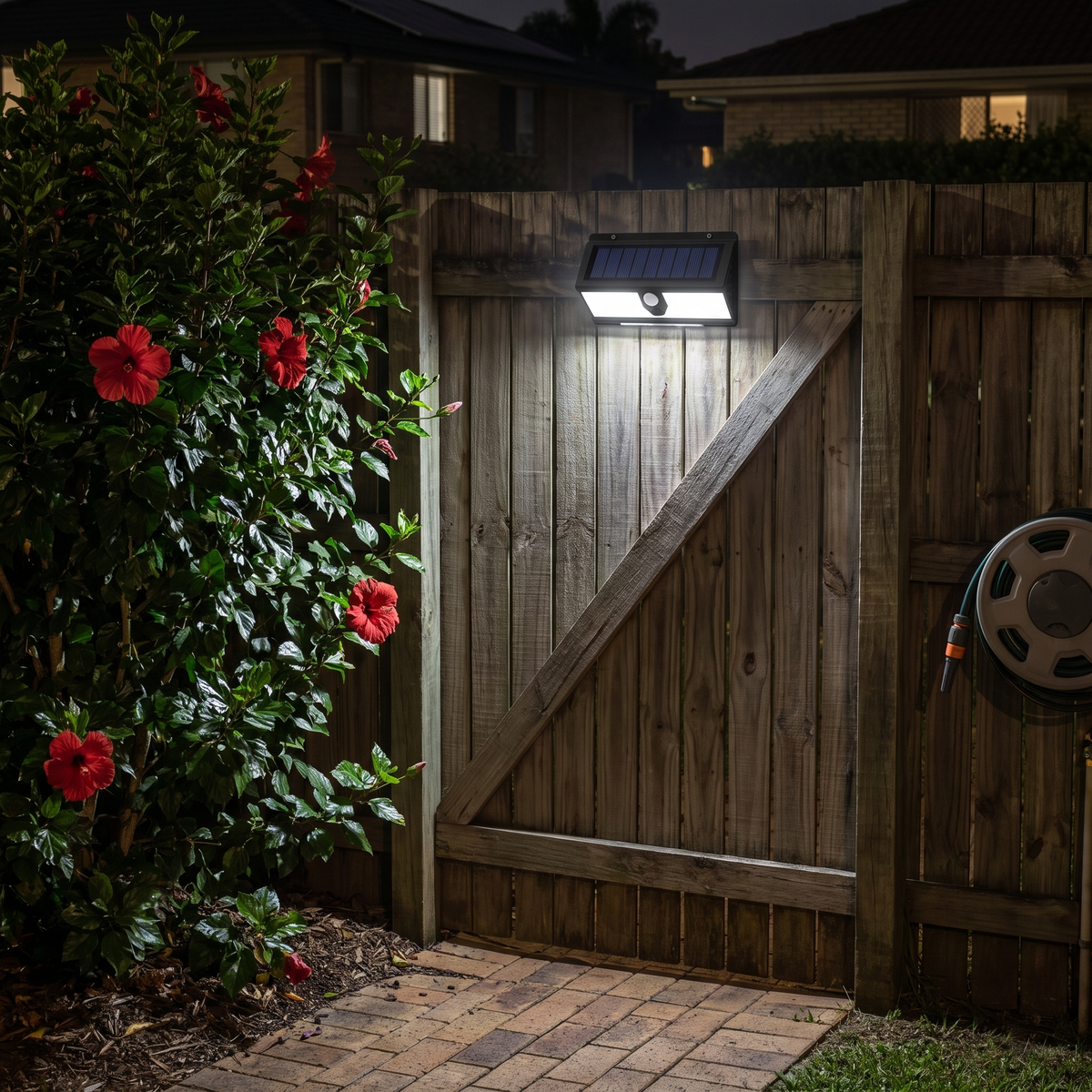 Vela solar outdoor wall light on a timber side gate fence