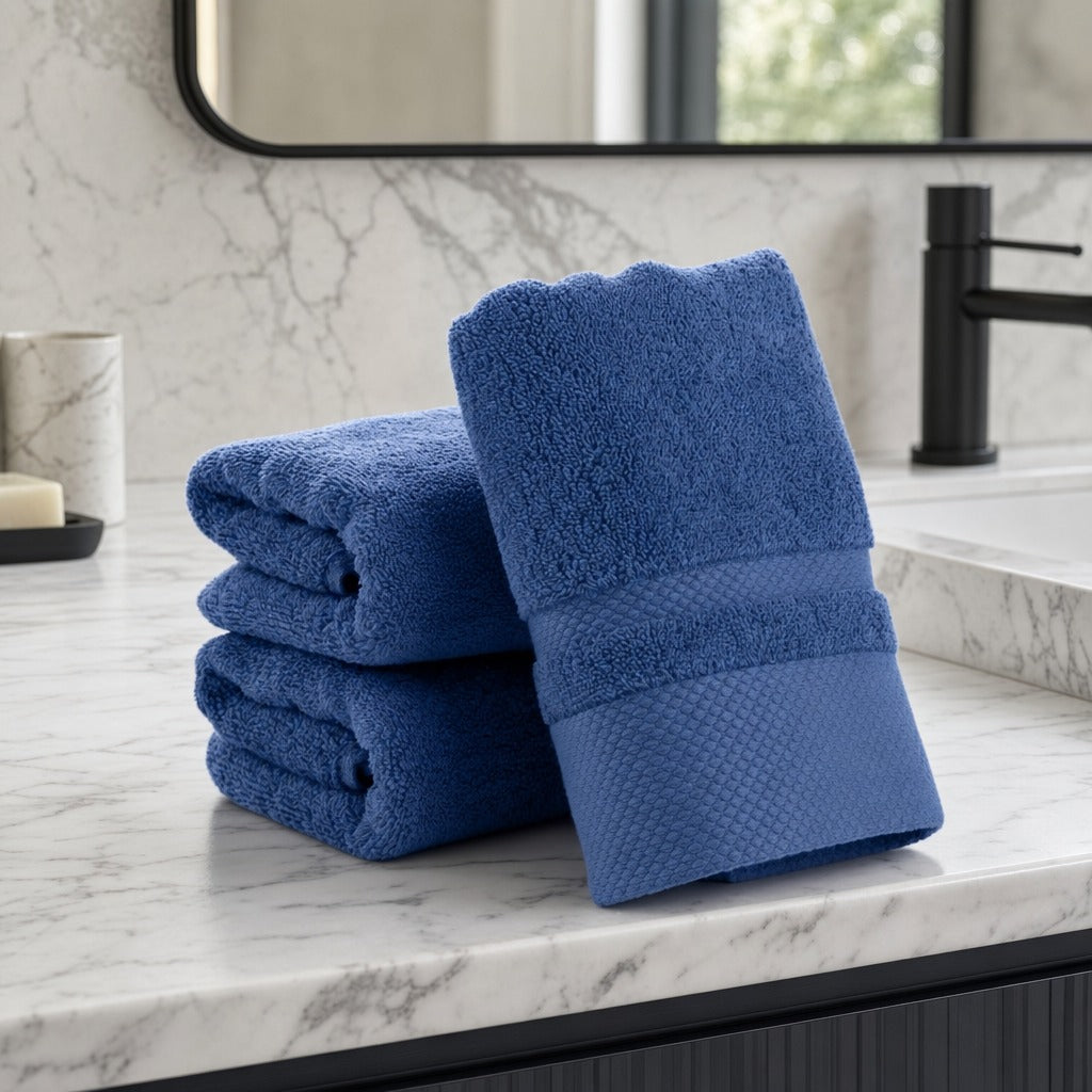 Velour striped cotton blend bath towels in dark blue on a marble vanity with a black tap