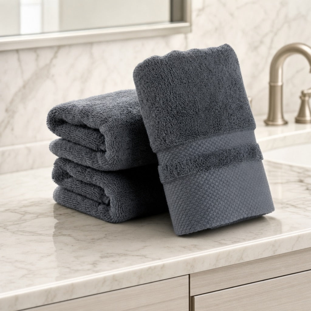 Velour striped cotton blend bath towels in dark grey folded on a marble vanity by a brass tap
