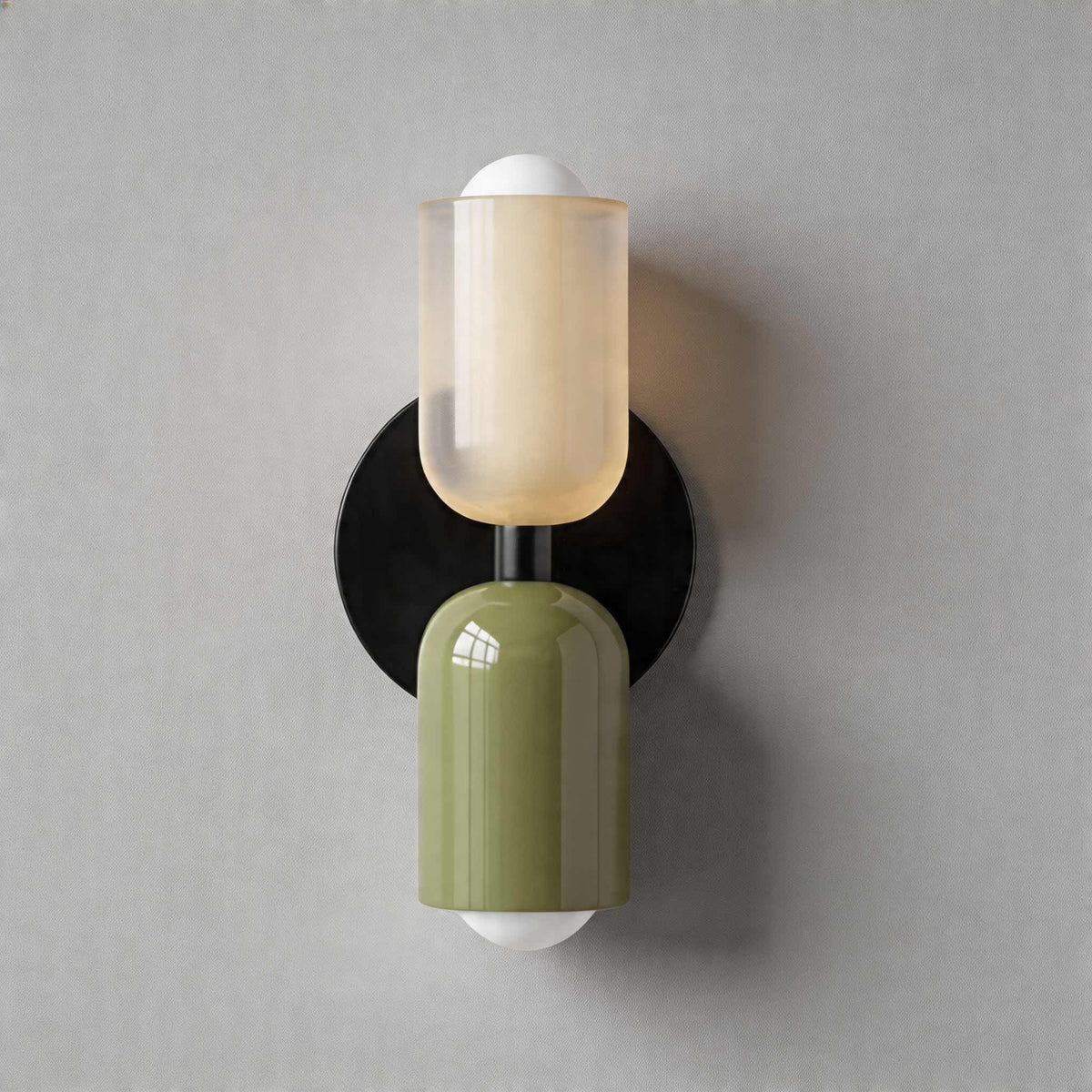 Vic Nordic up down wall sconce with a black wall plate, white upper shade and green lower shade