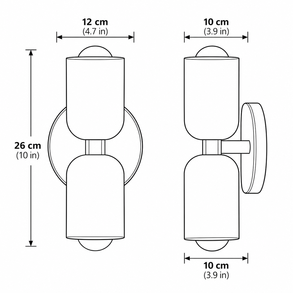 Vic wall sconce dimensions, 26cm tall, 12cm wide and 10cm deep