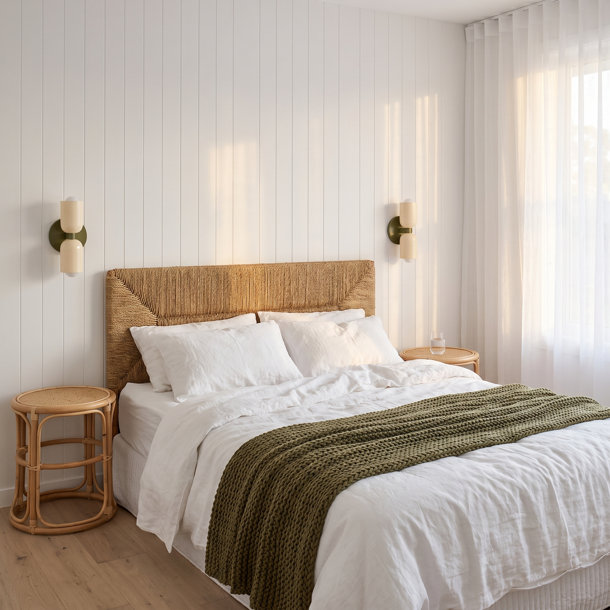 Pair of Vic wall sconces with green base and white shades either side of a seagrass bed