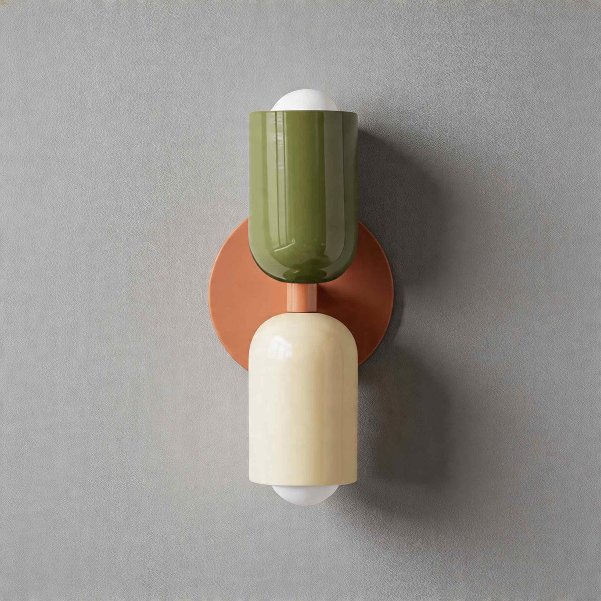 Vic Nordic up down wall sconce with a pink wall plate, green upper shade and white lower shade
