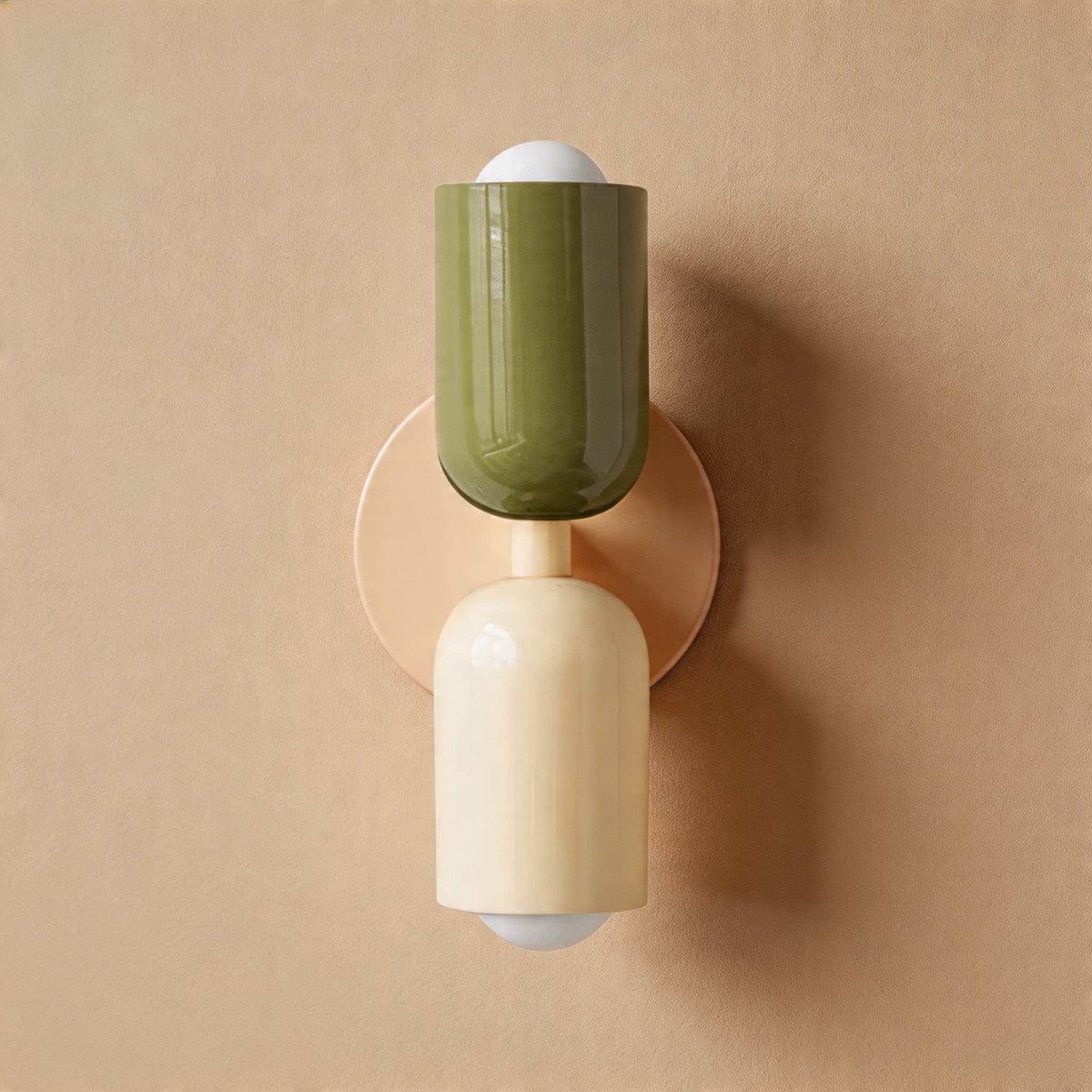 Vic Nordic up down wall sconce with a white wall plate, green upper shade and white lower shade