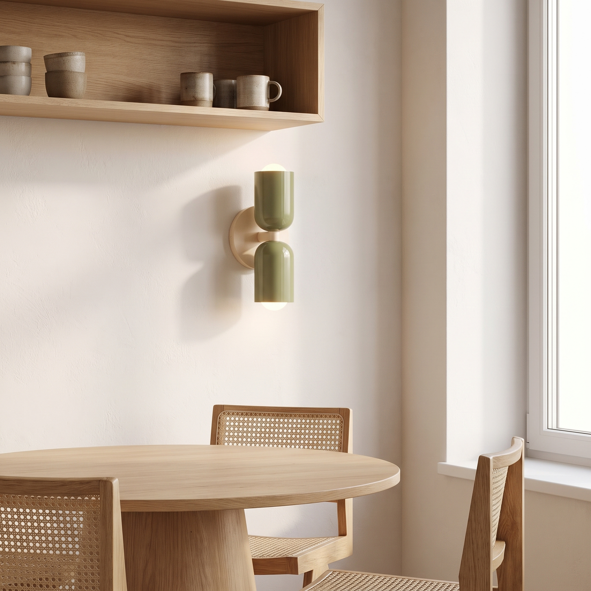 Vic wall sconce with white base and green shades in a kitchen dining nook