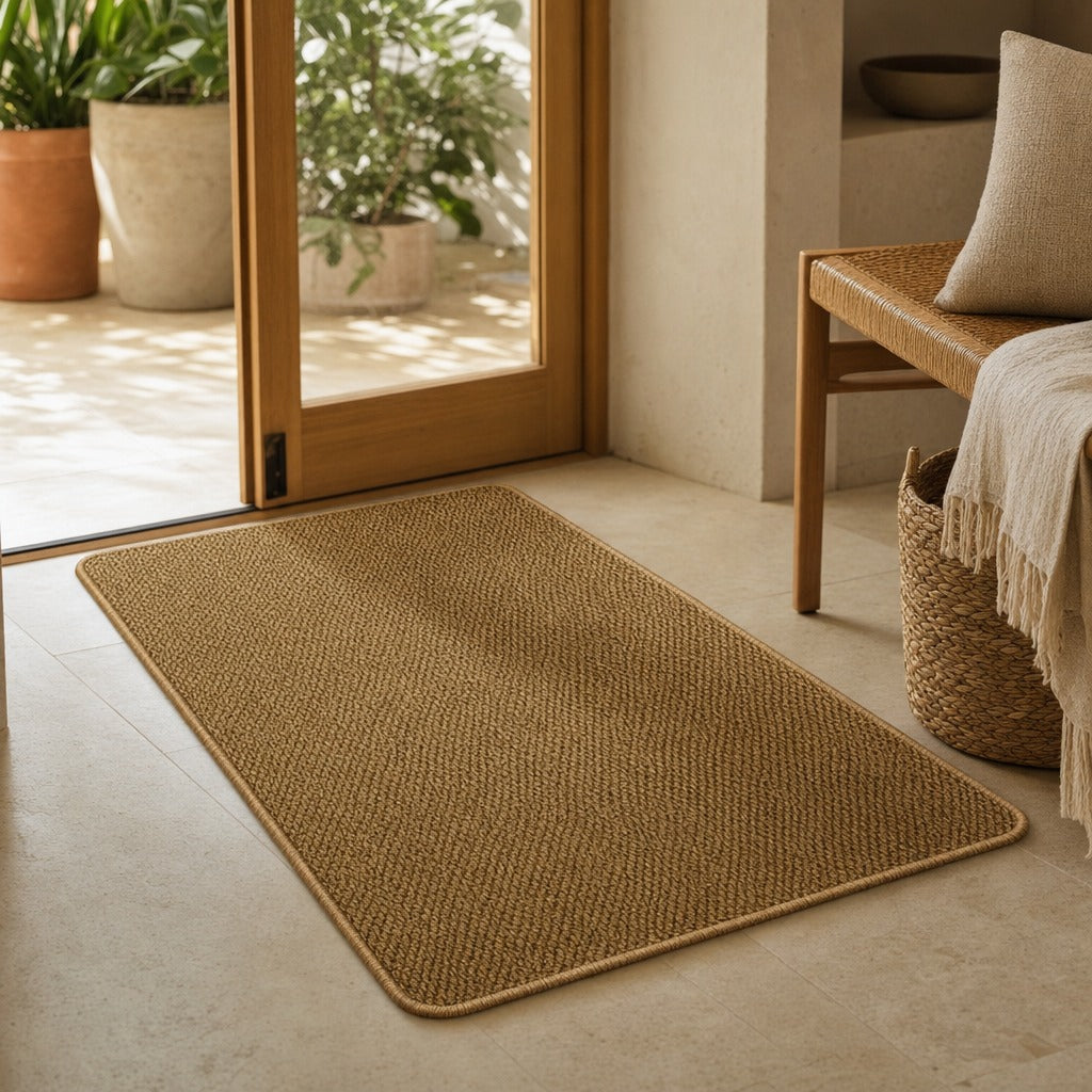 A rectangular natural jute or coir area rug in a warm tan-brown color, shown on a light stone floor in a bright, modern entryway with a glass door, bench, pillow, and basket nearby.