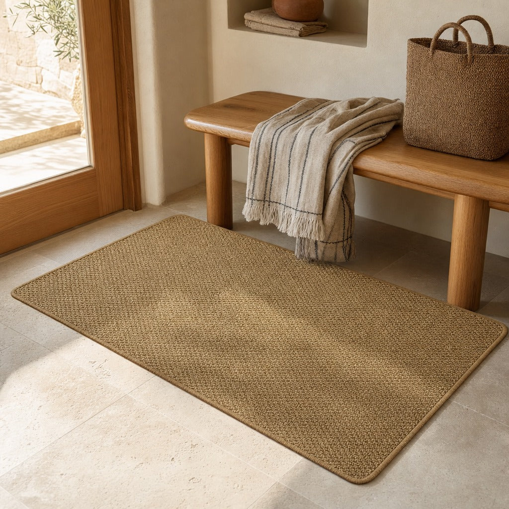 A rectangular woven jute or sisal area rug in a natural tan color, styled on a light stone floor in a bright entryway next to a wooden bench with a striped throw blanket and a woven basket.