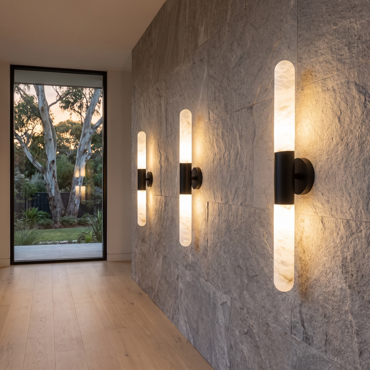 Three Waverly black and alabaster up down wall sconces along a stone hallway wall