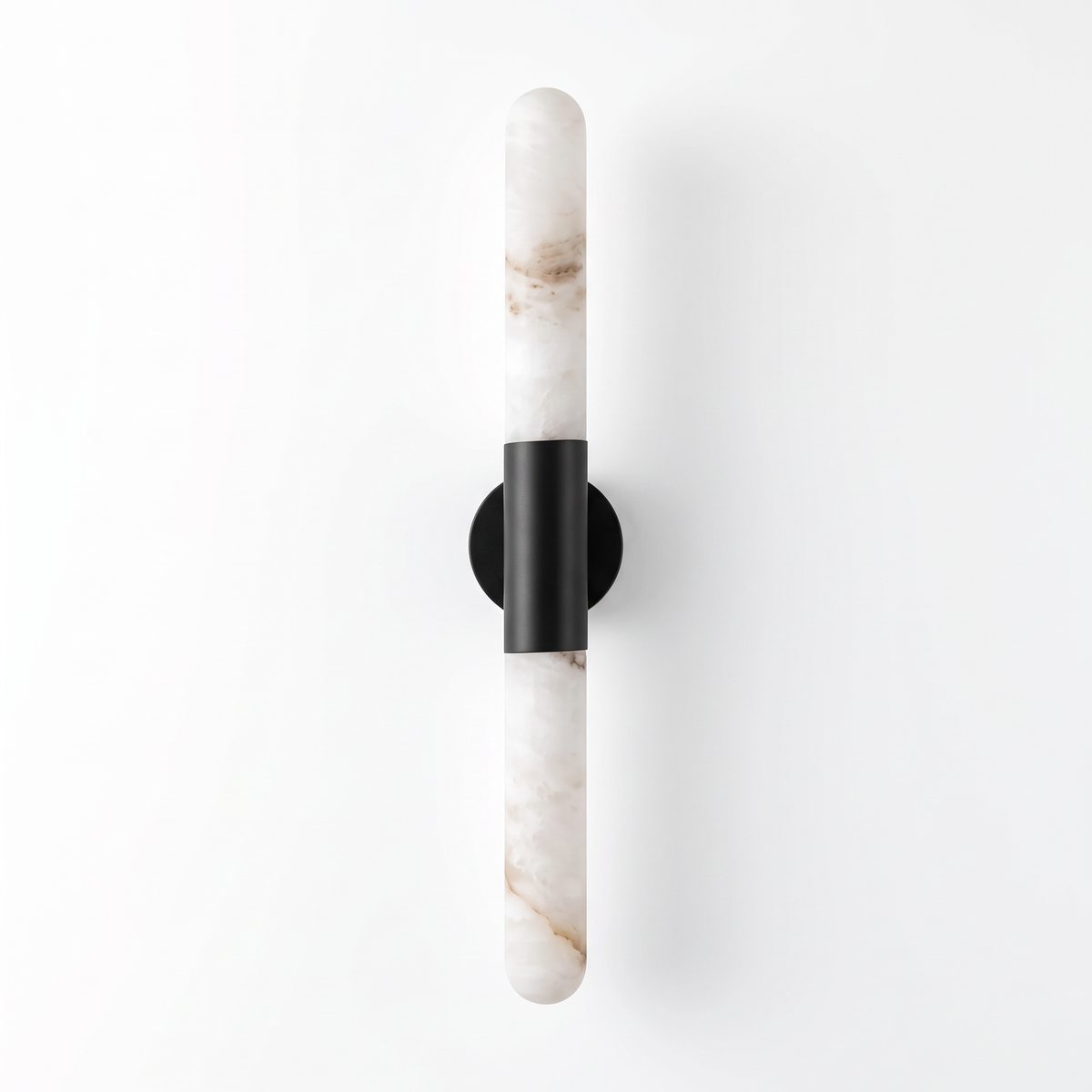 Waverly alabaster tube wall sconce with black collar on a white background