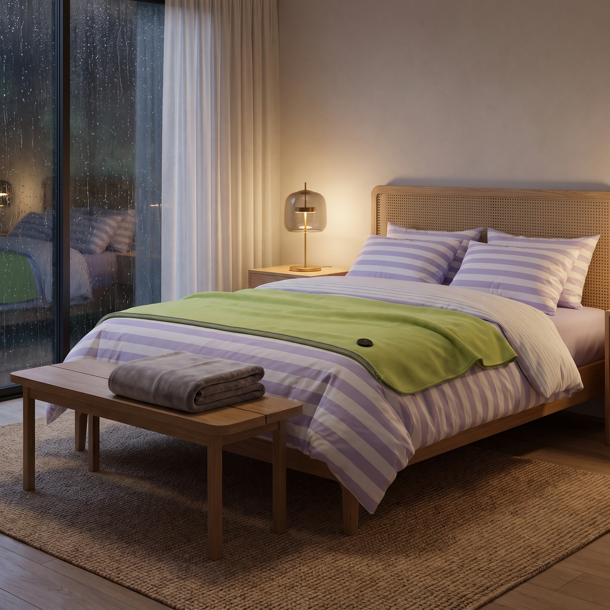 Cocoon heated blanket over Noosa striped bedding with a Torren throw and glowing Aura lamp on a winter night