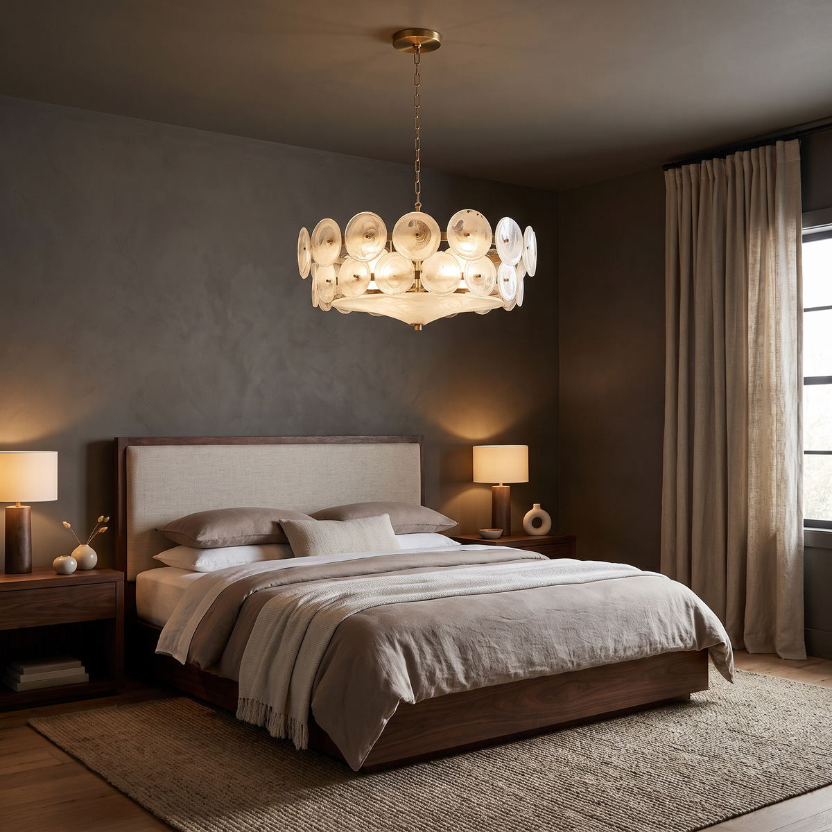 Yarra Retro Glass Chandelier in white glowing above a walnut bed in a moody bedroom