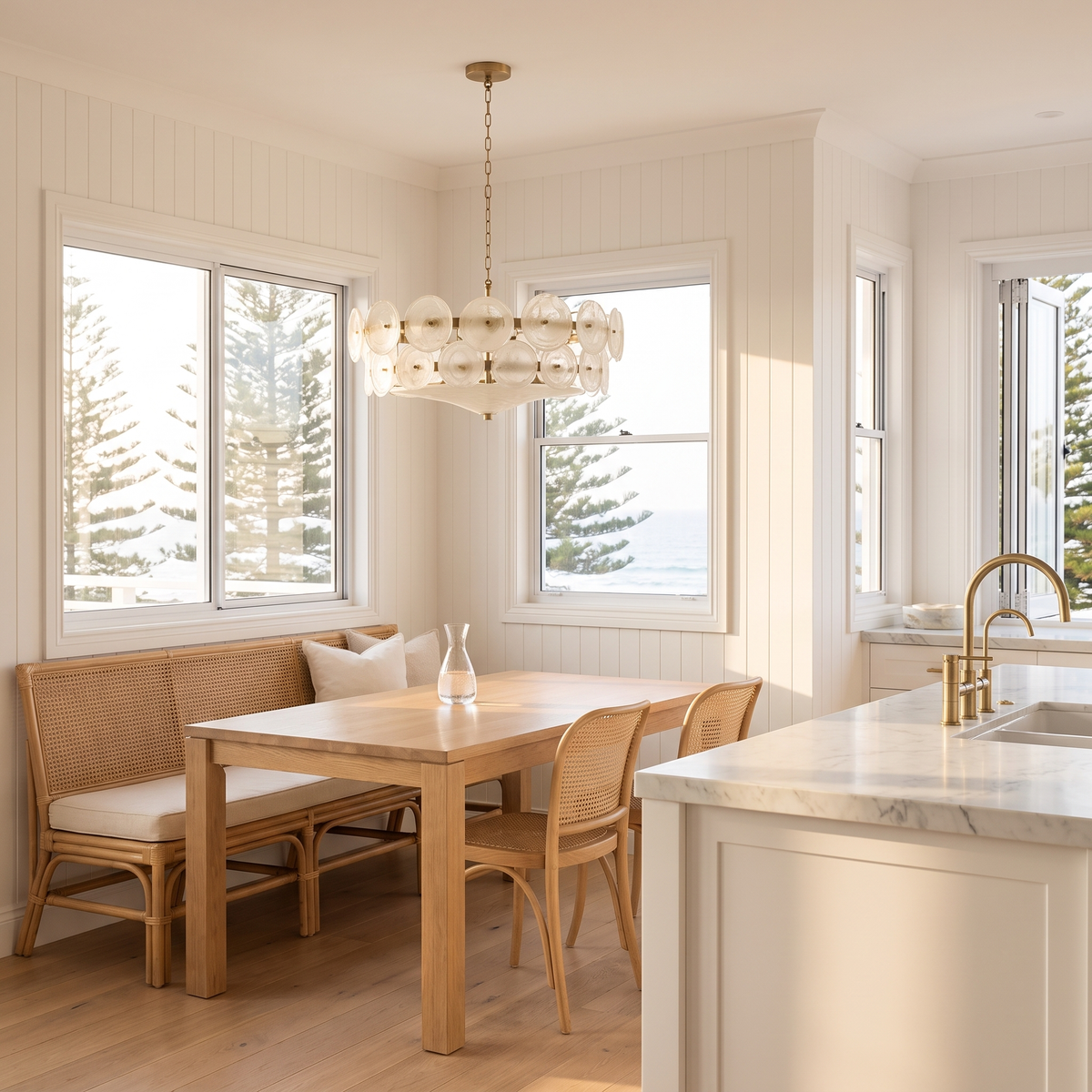 Yarra Retro Glass Chandelier in white over an oak dining table in a coastal kitchen nook