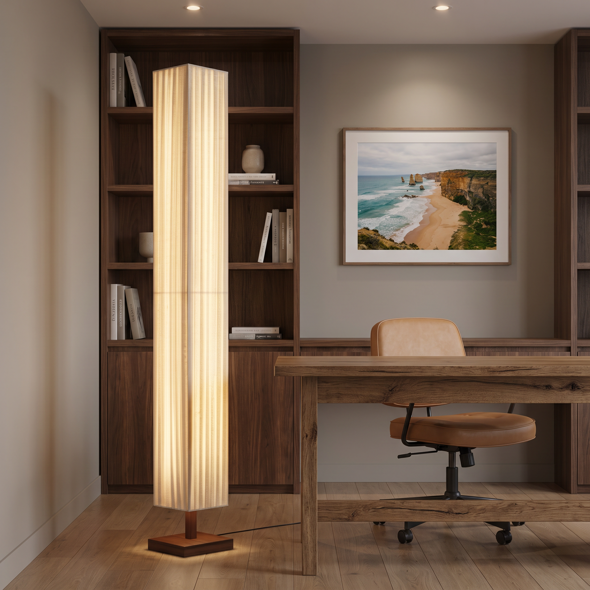 Yuki walnut floor lamp in a home office with dark walnut shelving