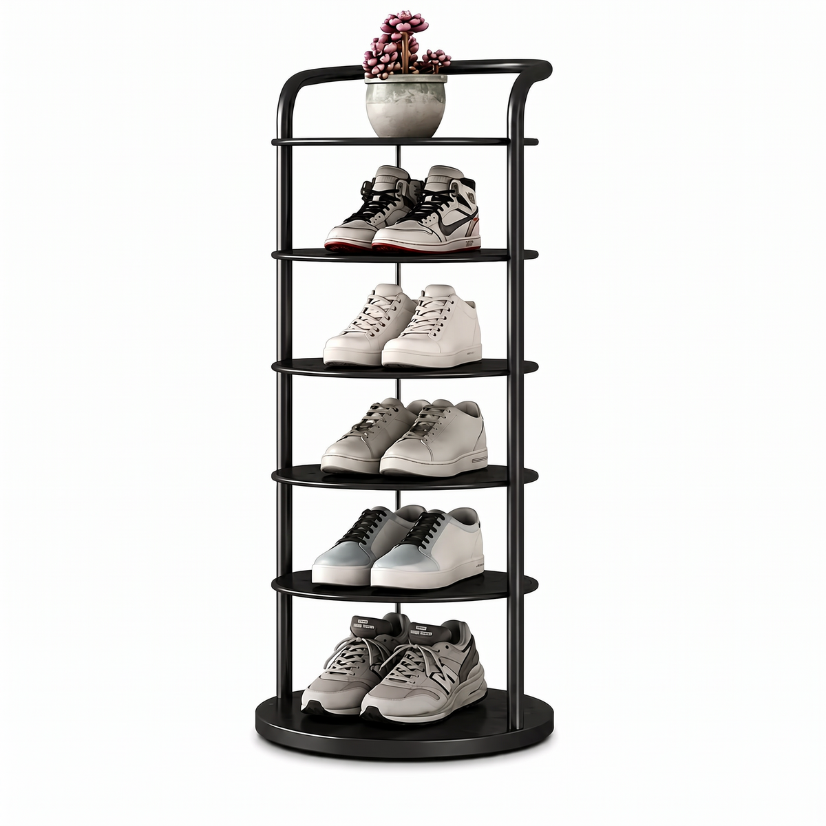 Zoe round shoe rack in black with six tiers shown front on against a plain white backdrop