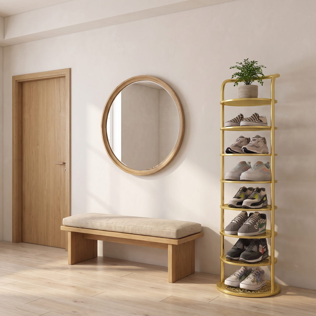 Zoe round shoe rack in gold with eight tiers in a bright Scandinavian entryway