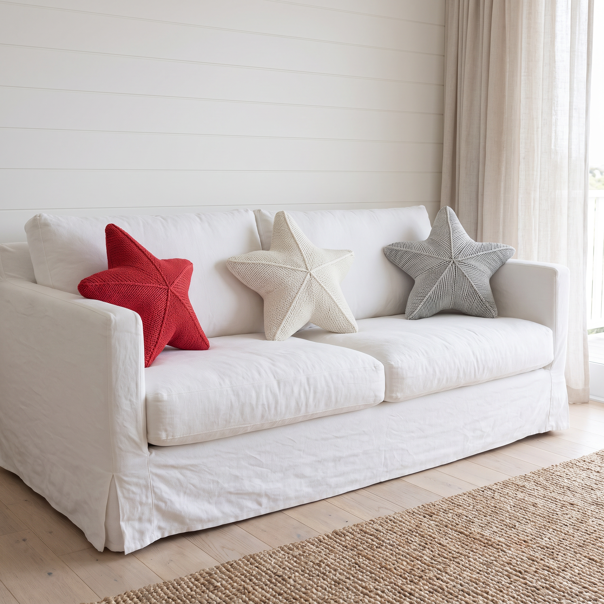 Zoe starfish cushions in Coral Reef, Sea Foam and Sandy Shore on a white linen sofa