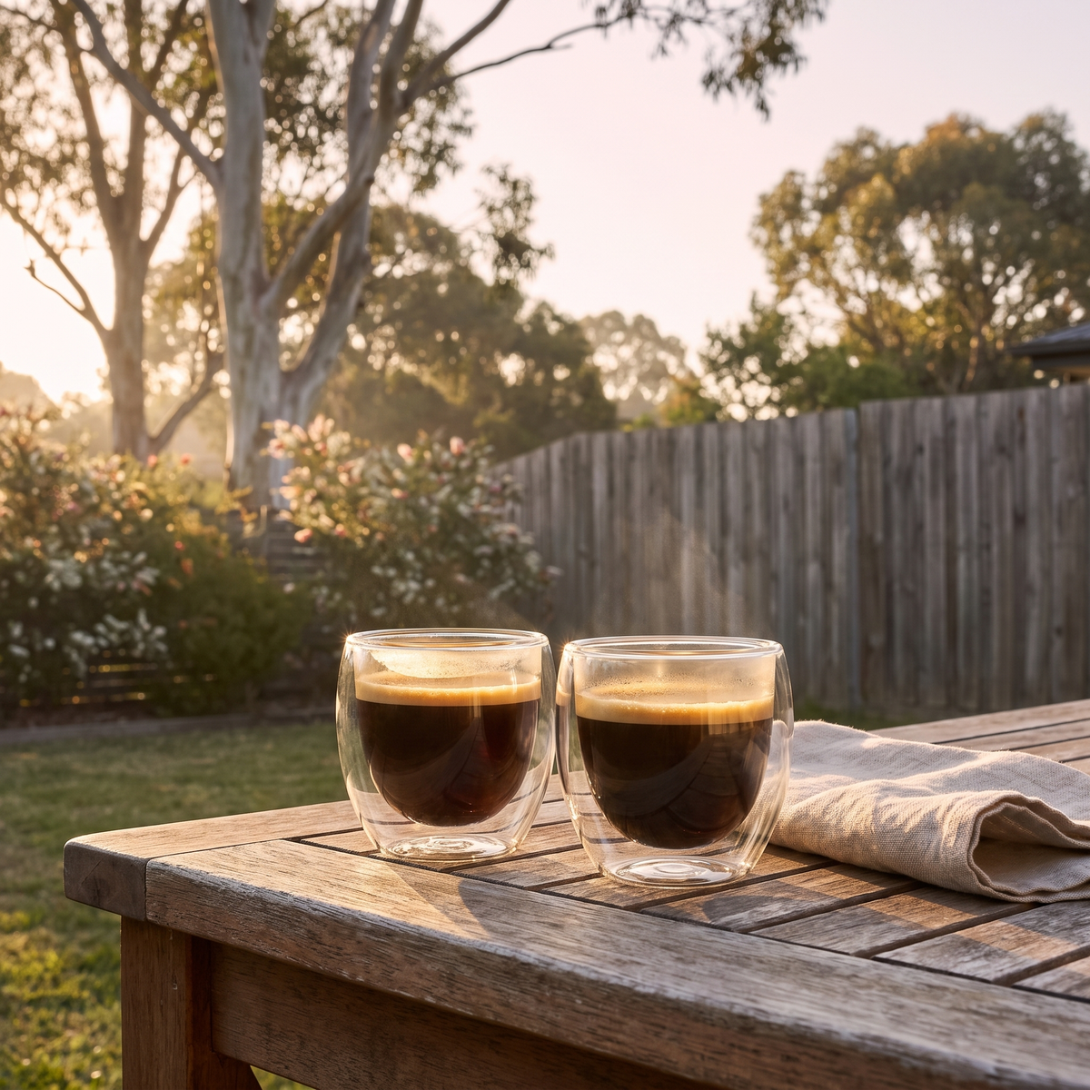Two Zorin double-wall glass espresso cups on a timber outdoor table in an Australian backyard at sunrise