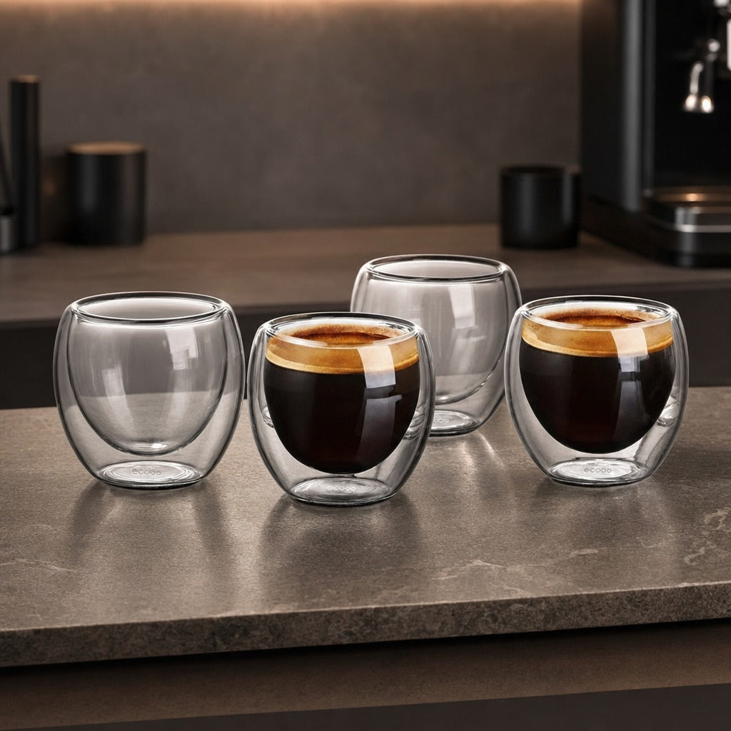 Four Zorin double-wall glass espresso cups on a kitchen bench in front of an espresso machine