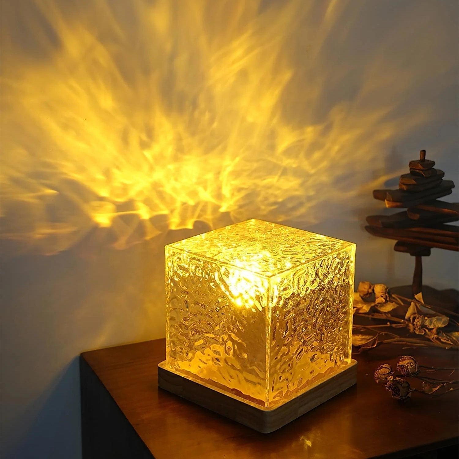 Borealis Cube | Table Lamp with Northern Lights Effect & 16 Colors | Elegant Wooden Base for Ambient Lighting 2