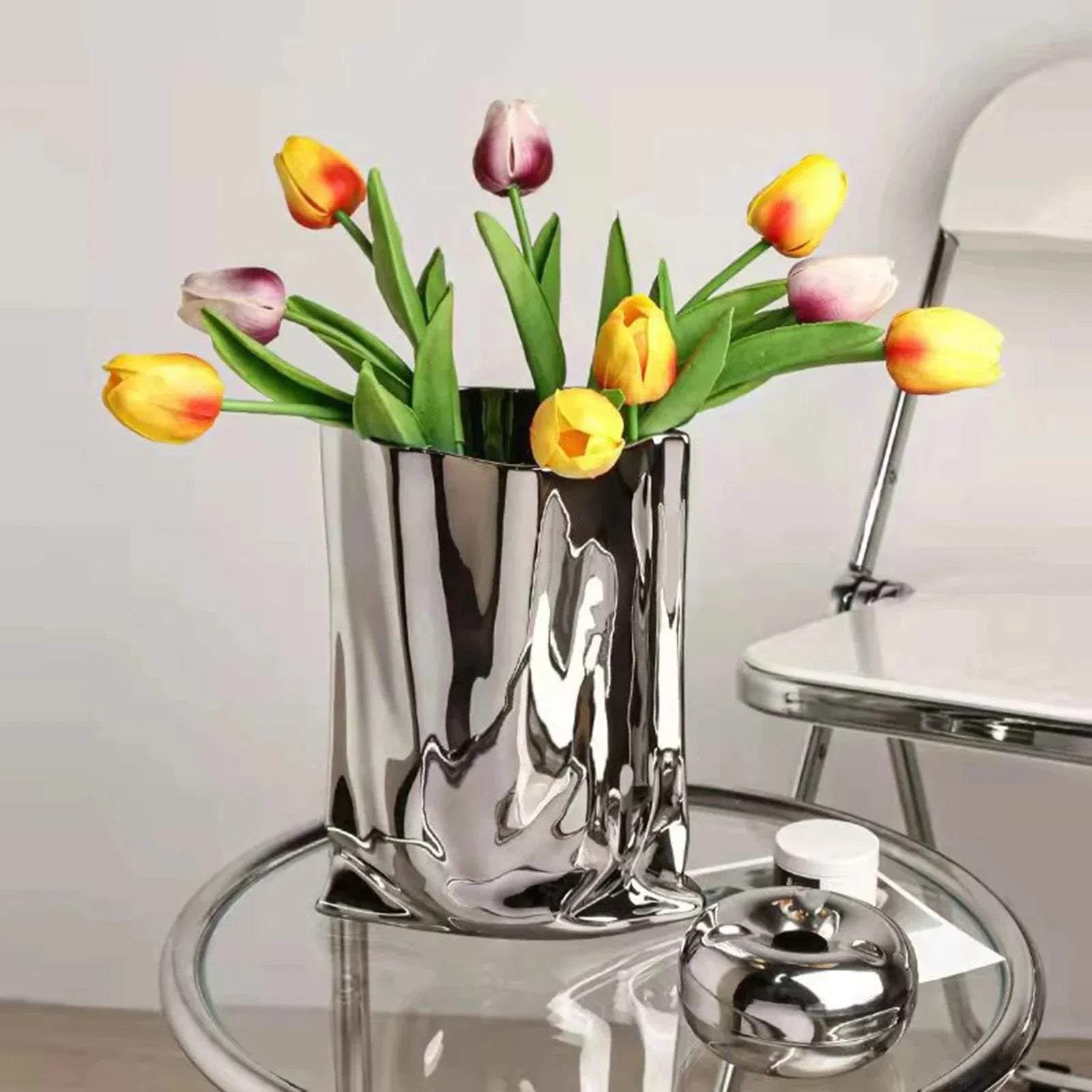 Ceramic Flower Vase with Electroplated Finish | Unique Bag-Inspired Design for Elegant Home Decor 0