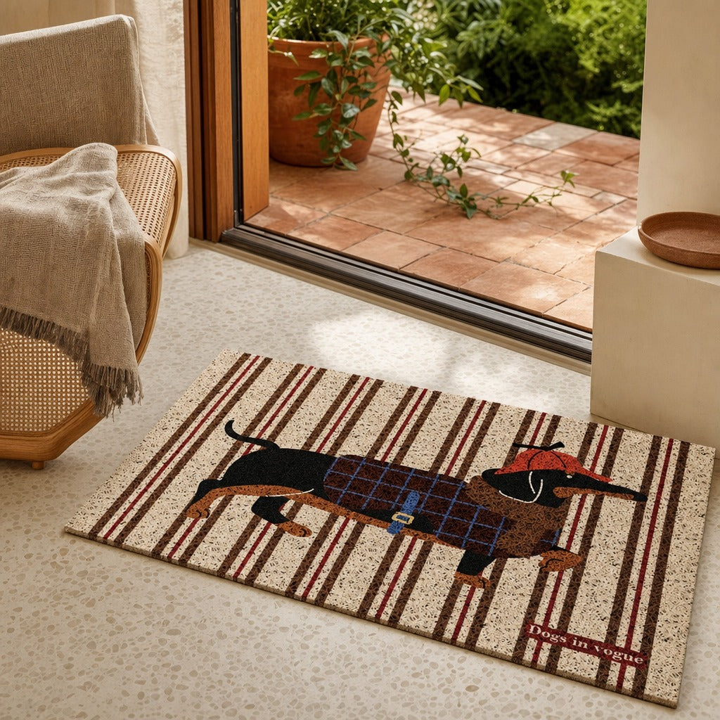 A rectangular doormat with a dachshund wearing a red Santa hat and blue plaid harness, set on a terracotta-and-beige striped background. The mat is shown on a speckled floor in a doorway with a chair, throw blanket, and outdoor patio visible.