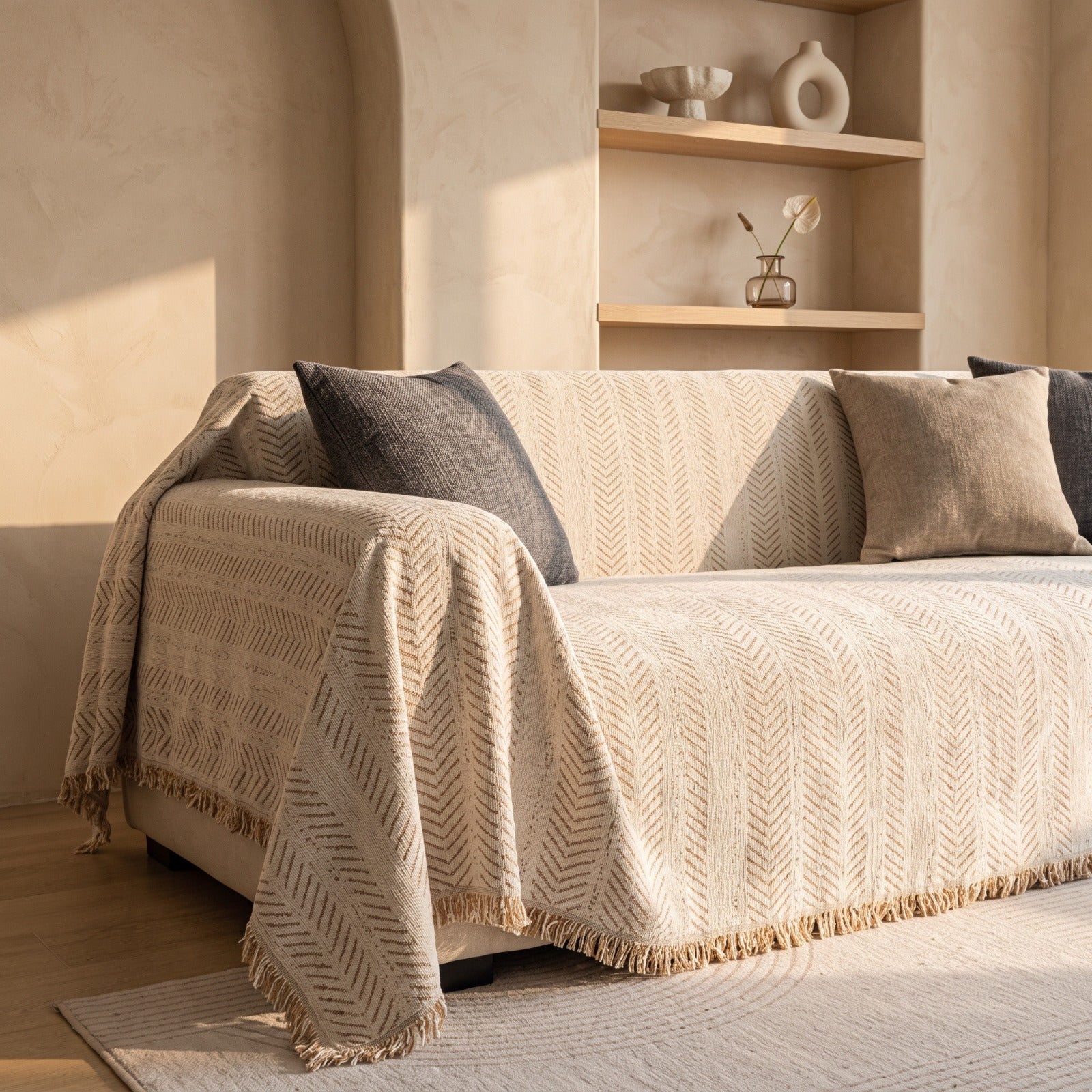 A beige woven throw blanket with a chevron pattern and fringe trim draped over a sofa in a warm, sunlit living room. The sofa is styled with neutral-toned pillows, set against a background of textured beige walls and built-in wooden shelves.