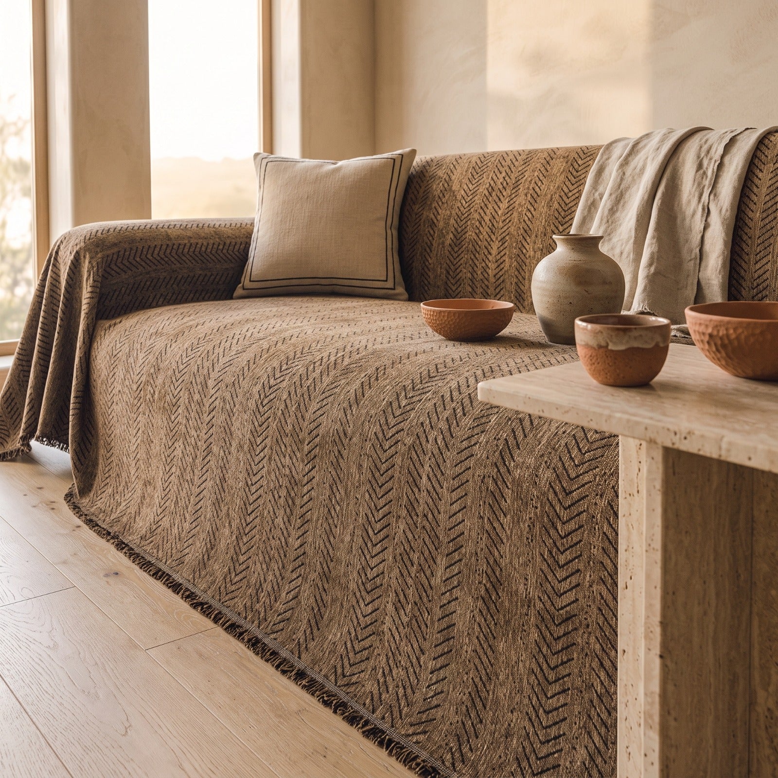 A woven throw blanket with a brown and beige herringbone pattern draped over a sofa in a warm, rustic living room setting.