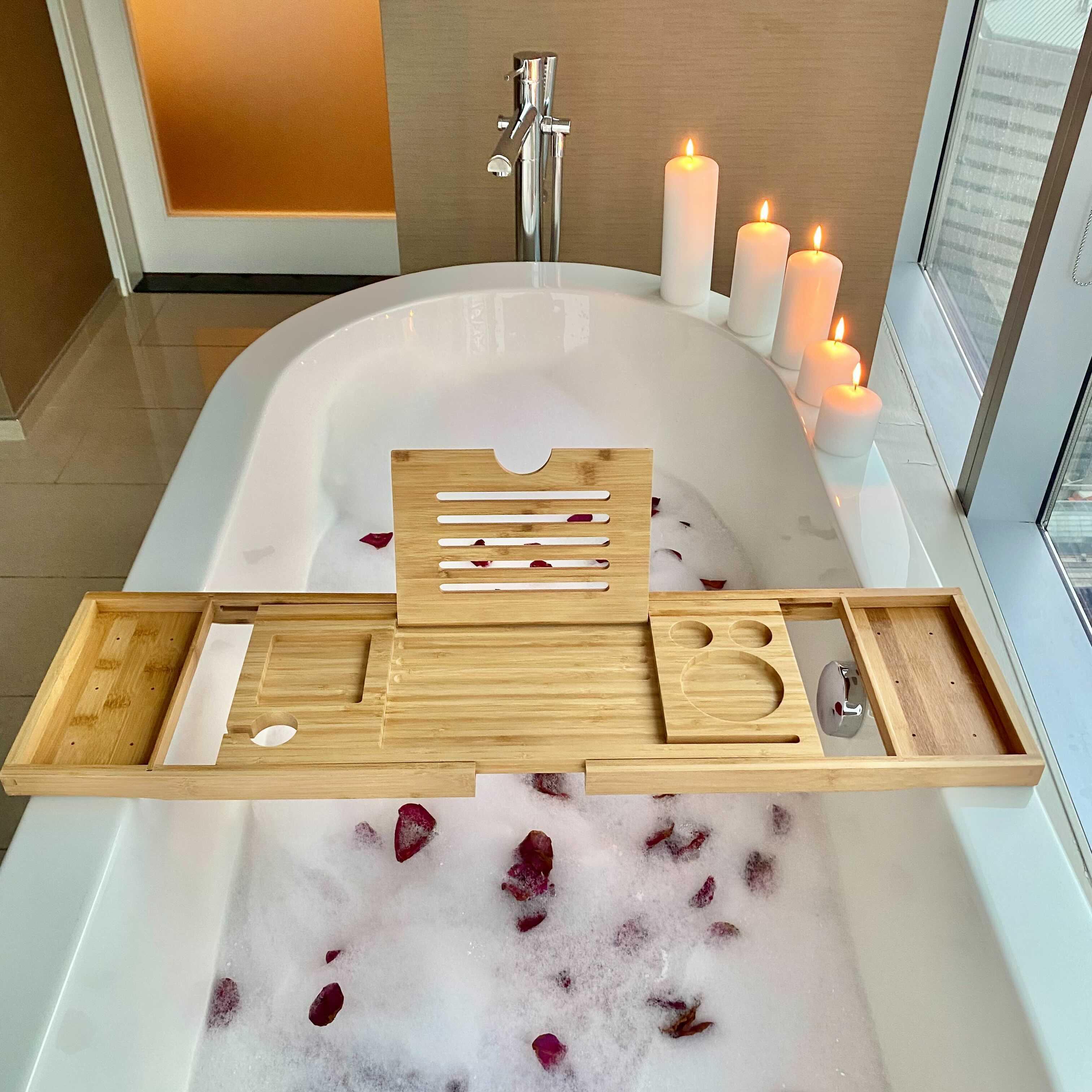 Eco-Friendly Bamboo Bathtub Tray with Adjustable Design & Wine Glass Slot for Ultimate Relaxation 1