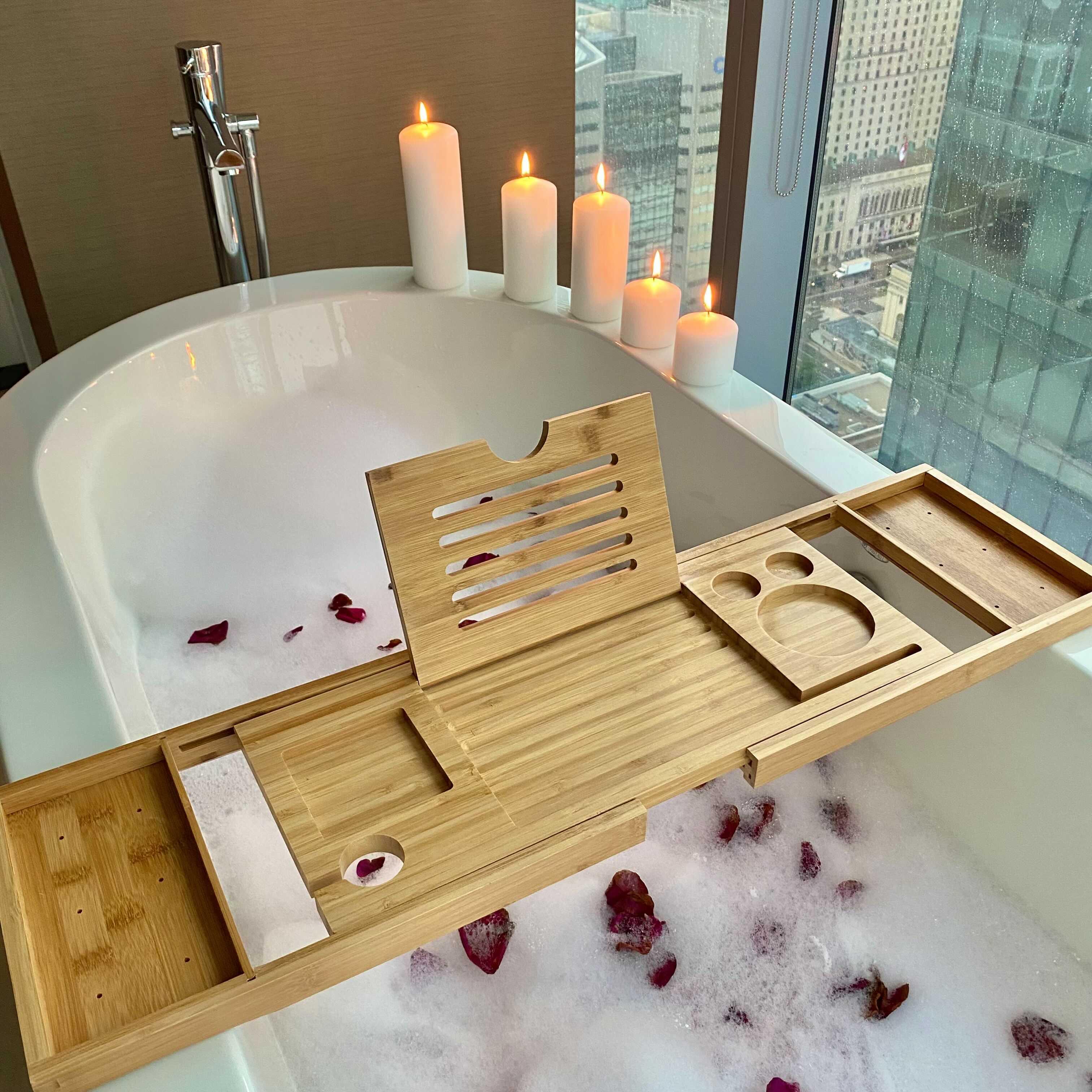 Eco-Friendly Bamboo Bathtub Tray with Adjustable Design & Wine Glass Slot for Ultimate Relaxation 2