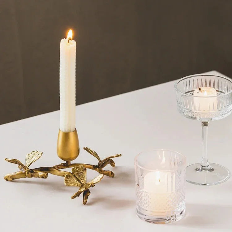 Elegant Brass Candle Holders with Butterfly & Ginkgo Leaf Design for Home Decor 2