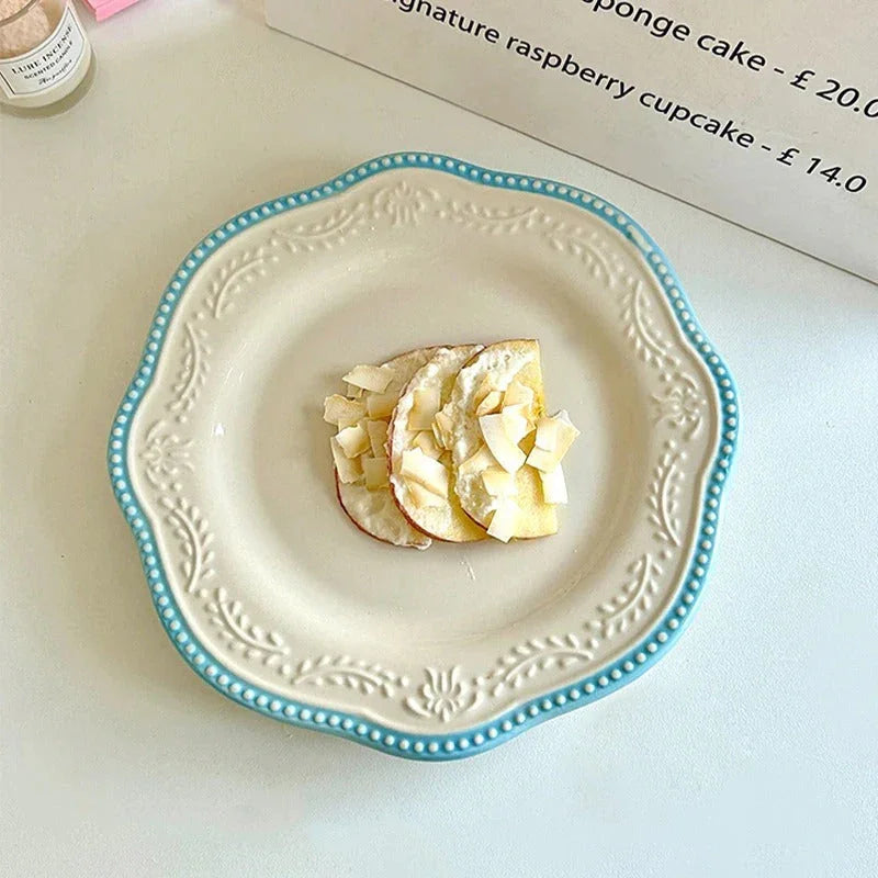 Elegant Ceramic Serving Plate with Lace Relief Design | Scalloped Edges for Sophisticated Dining 0