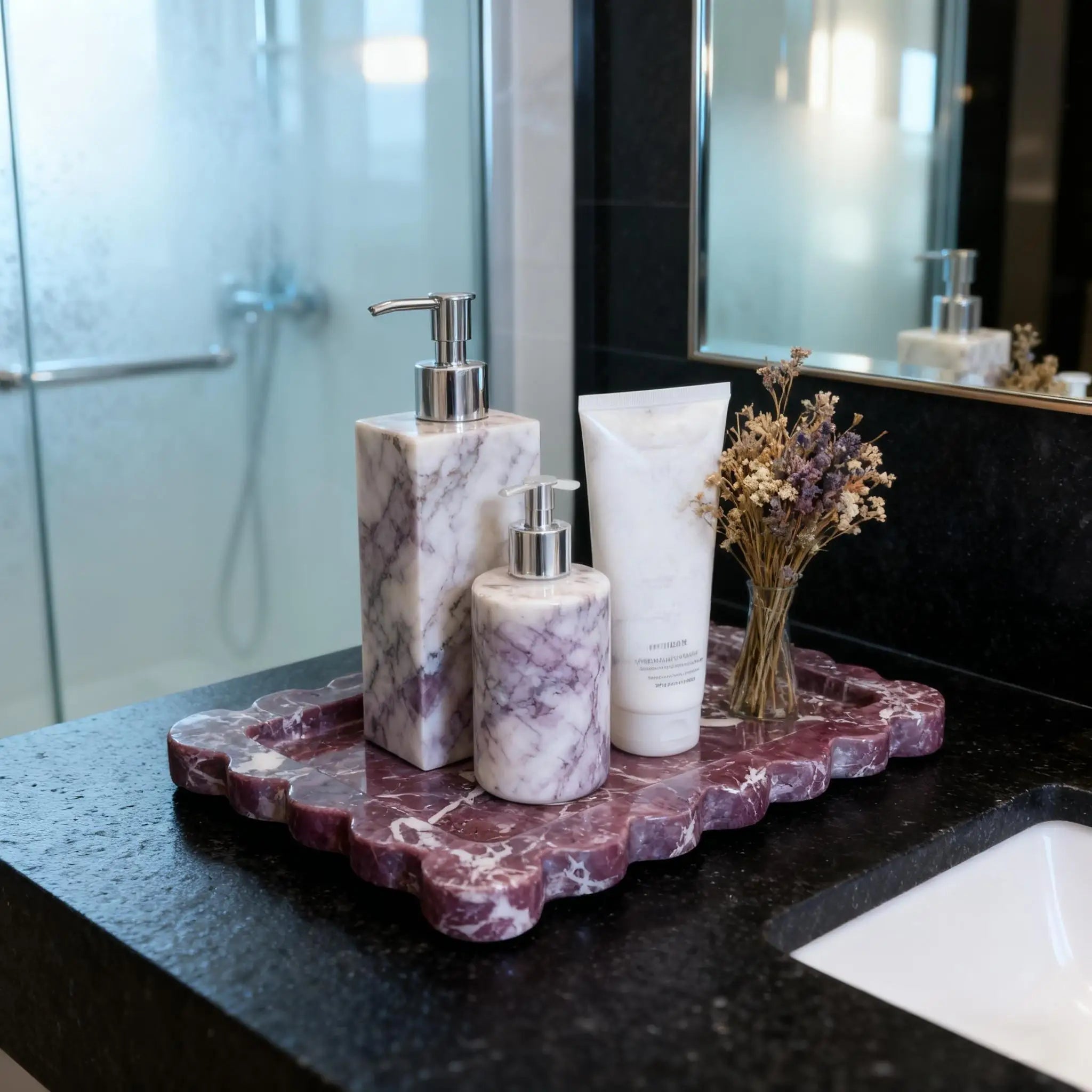 Elegant Ceramic Storage Tray | Purple Marble Design with Scalloped Edge for Stylish Organization 5