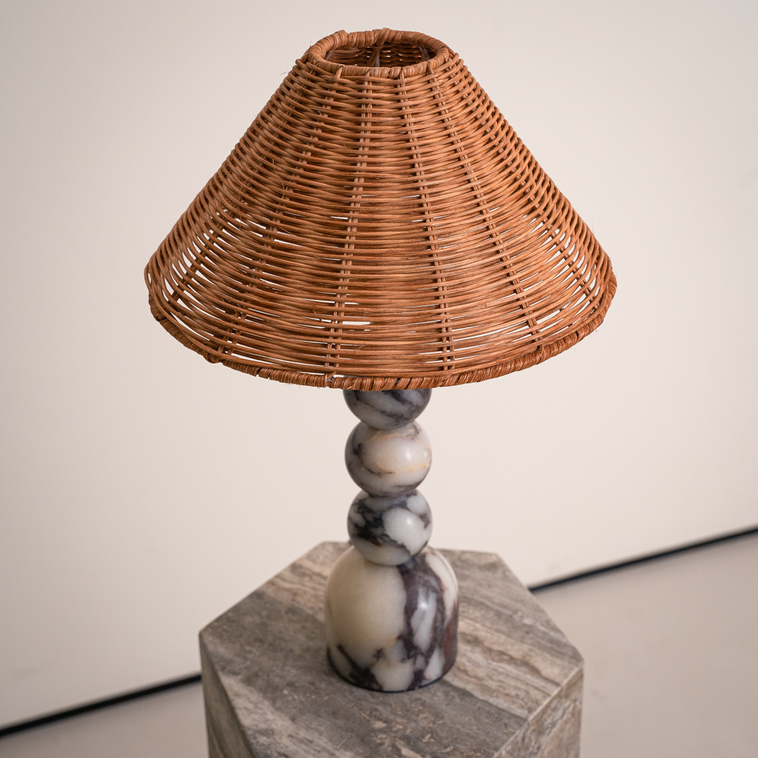 Elegant Table Lamp with Calacatta Violet Marble Base & Rattan Shade | Rustic Bedside Lighting for Warm Ambiance 1