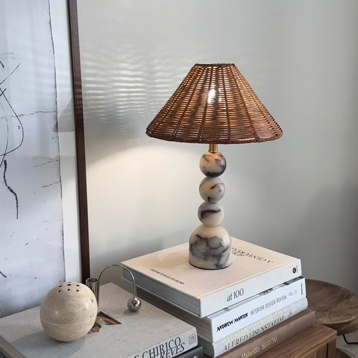 Elegant Table Lamp with Calacatta Violet Marble Base & Rattan Shade | Rustic Bedside Lighting for Warm Ambiance 3