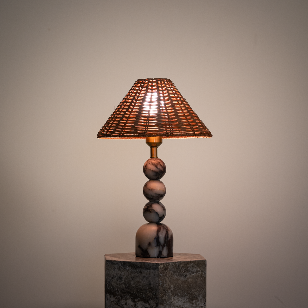 Elegant Table Lamp with Calacatta Violet Marble Base & Rattan Shade | Rustic Bedside Lighting for Warm Ambiance 6