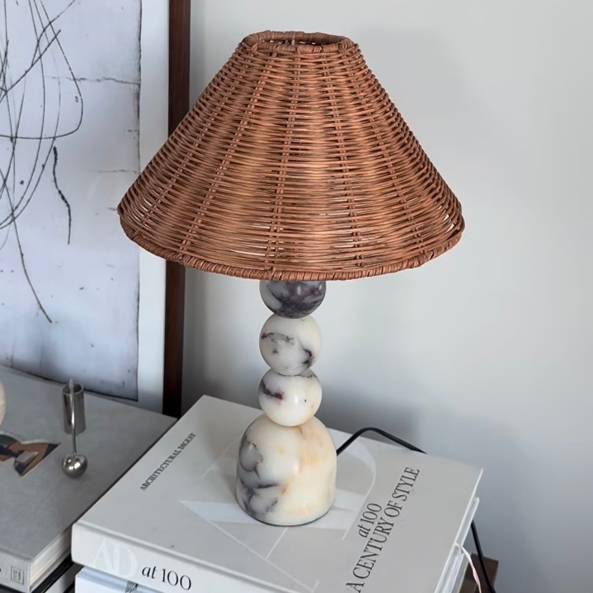 Elegant Table Lamp with Calacatta Violet Marble Base & Rattan Shade | Rustic Bedside Lighting for Warm Ambiance 7