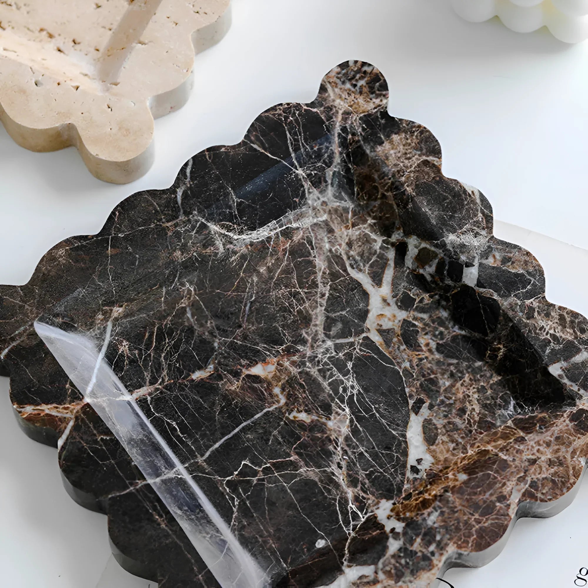 Elegant Travertine Jewellery Tray with Scalloped Edges for Stylish Organization 1